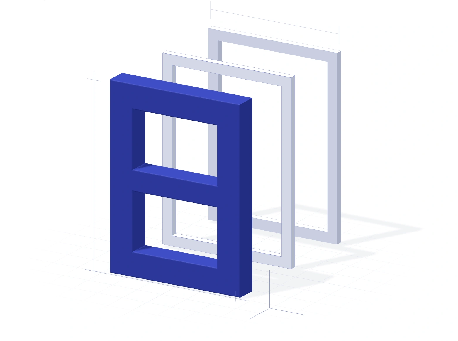 A cobalt architectural B with two fine structural frames behind it.